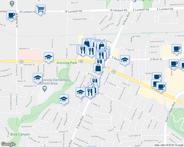 map of restaurants, bars, coffee shops, grocery stores, and more near 415 South Walnut Avenue in Brea