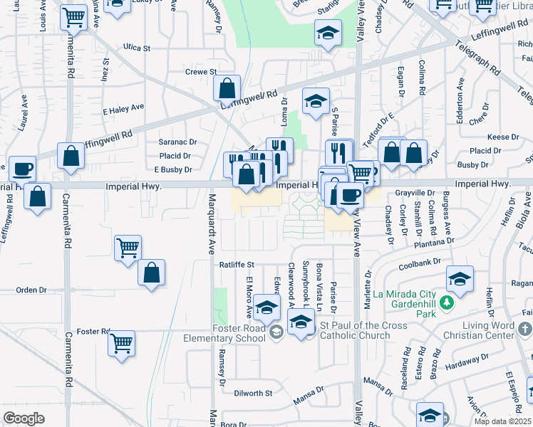 map of restaurants, bars, coffee shops, grocery stores, and more near 12807 Woodridge Avenue in La Mirada