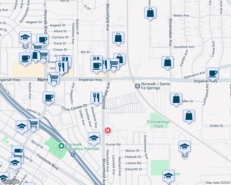 map of restaurants, bars, coffee shops, grocery stores, and more near 12805 Barranca Lane in Norwalk