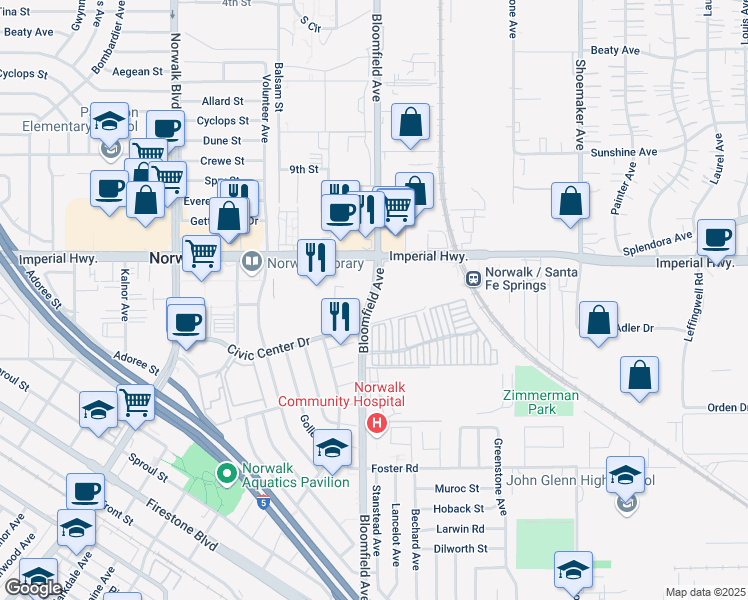 map of restaurants, bars, coffee shops, grocery stores, and more near 12805 Barranca Lane in Norwalk