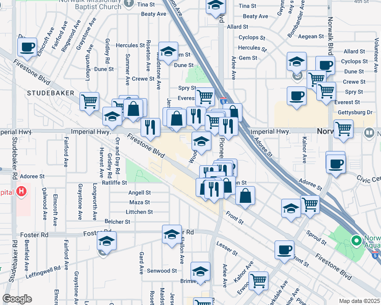 map of restaurants, bars, coffee shops, grocery stores, and more near 11645 Firestone Boulevard in Norwalk
