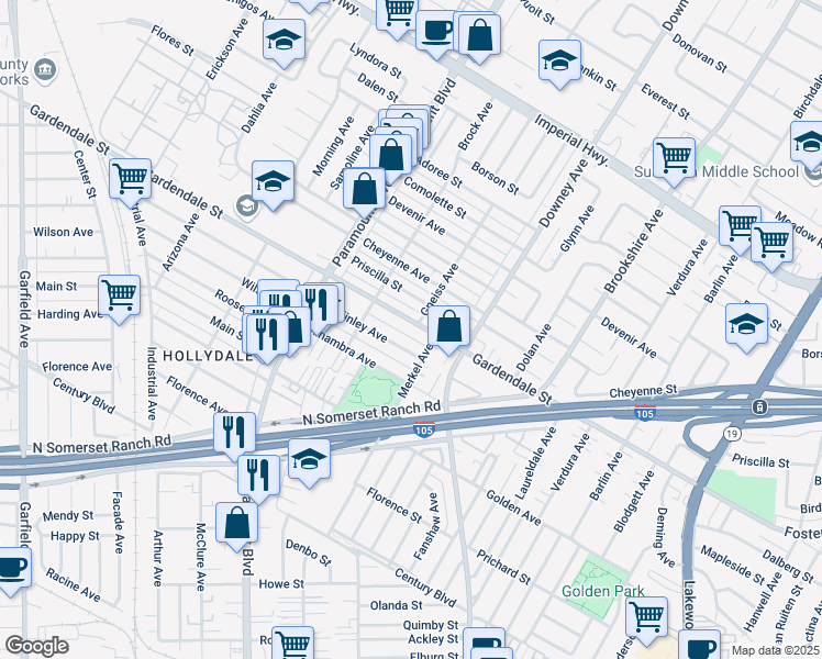 map of restaurants, bars, coffee shops, grocery stores, and more near 8169 McKinley Avenue in Paramount