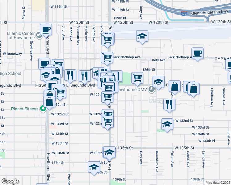 map of restaurants, bars, coffee shops, grocery stores, and more near 12920 Roselle Avenue in Hawthorne