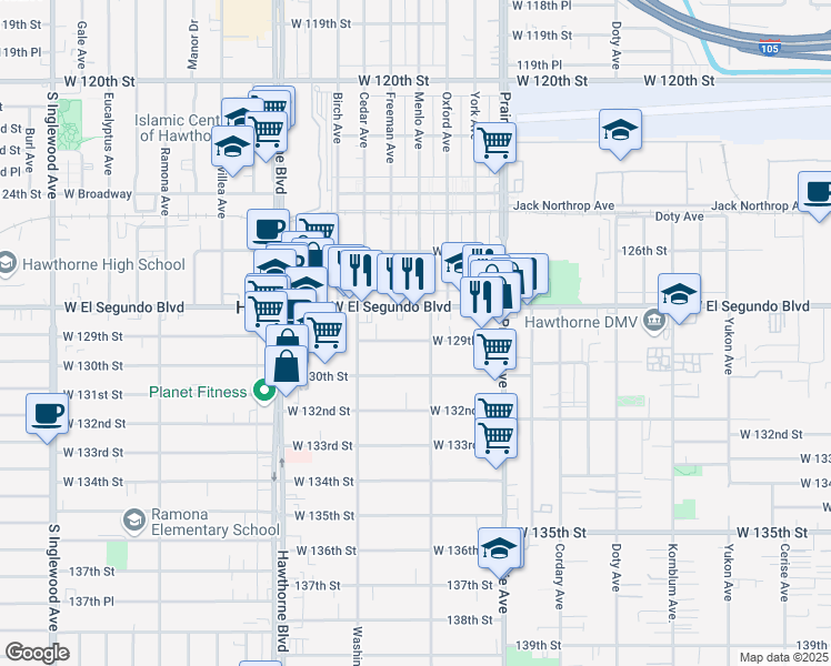 map of restaurants, bars, coffee shops, grocery stores, and more near 12913 Jefferson Avenue in Hawthorne