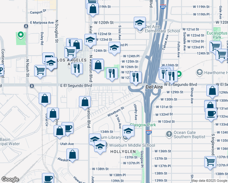 map of restaurants, bars, coffee shops, grocery stores, and more near 12915 Park Place in Hawthorne