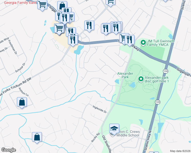 map of restaurants, bars, coffee shops, grocery stores, and more near 727 Alderney Cove in Lawrenceville
