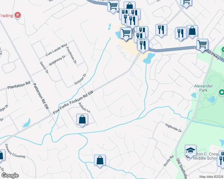 map of restaurants, bars, coffee shops, grocery stores, and more near 1582 Silva Fox Court Southwest in Lawrenceville