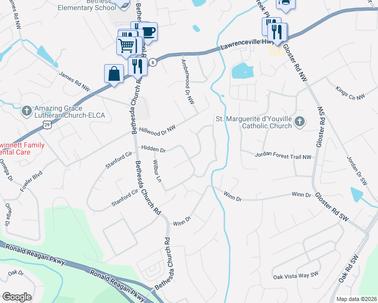 map of restaurants, bars, coffee shops, grocery stores, and more near 3043 Howell Court Northwest in Lawrenceville