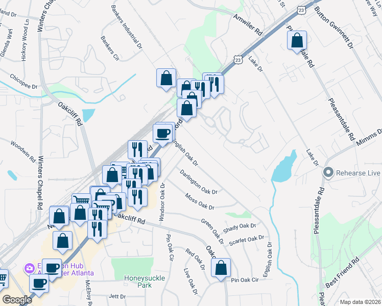 map of restaurants, bars, coffee shops, grocery stores, and more near 4165 Windsor Oak Drive in Doraville