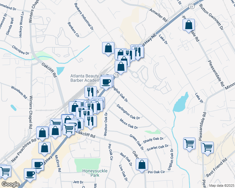 map of restaurants, bars, coffee shops, grocery stores, and more near 4165 Windsor Oak Drive in Doraville