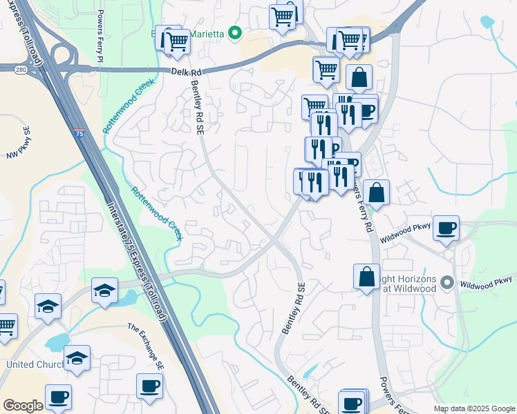 map of restaurants, bars, coffee shops, grocery stores, and more near 2779 Bentley Place Southeast in Marietta