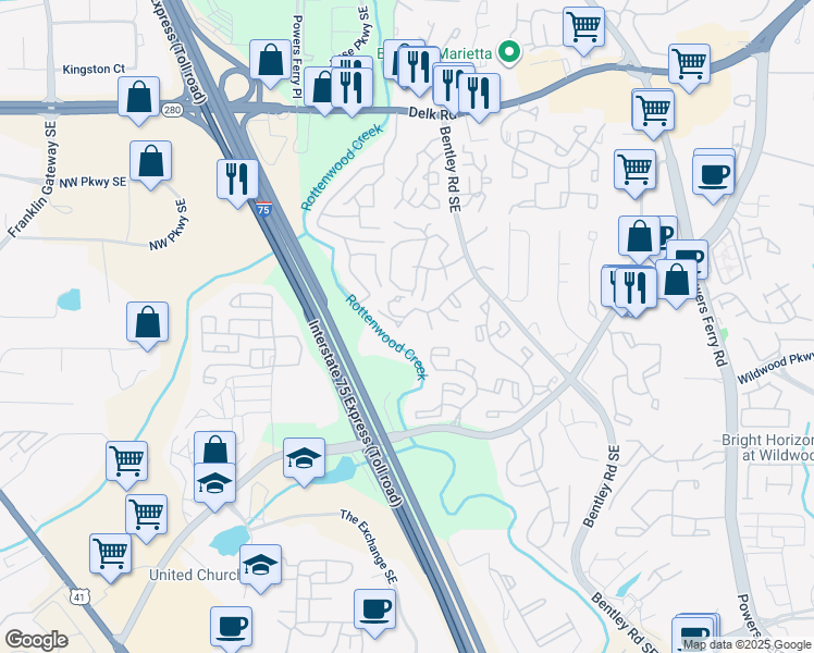map of restaurants, bars, coffee shops, grocery stores, and more near 2732 Suwanee Way in Marietta