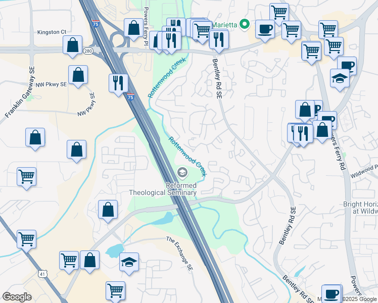 map of restaurants, bars, coffee shops, grocery stores, and more near 2748 Suwanee Way in Marietta