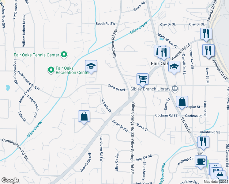 map of restaurants, bars, coffee shops, grocery stores, and more near 1565 Roberta Drive in Marietta