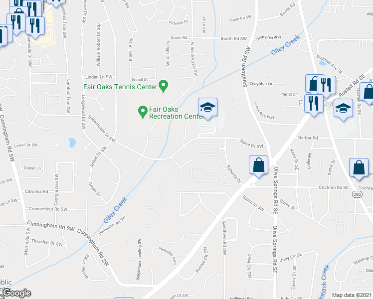 map of restaurants, bars, coffee shops, grocery stores, and more near 1225 Oakplace Drive Southwest in Marietta