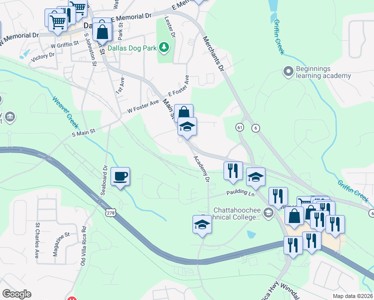 map of restaurants, bars, coffee shops, grocery stores, and more near 113 Academy Drive in Dallas