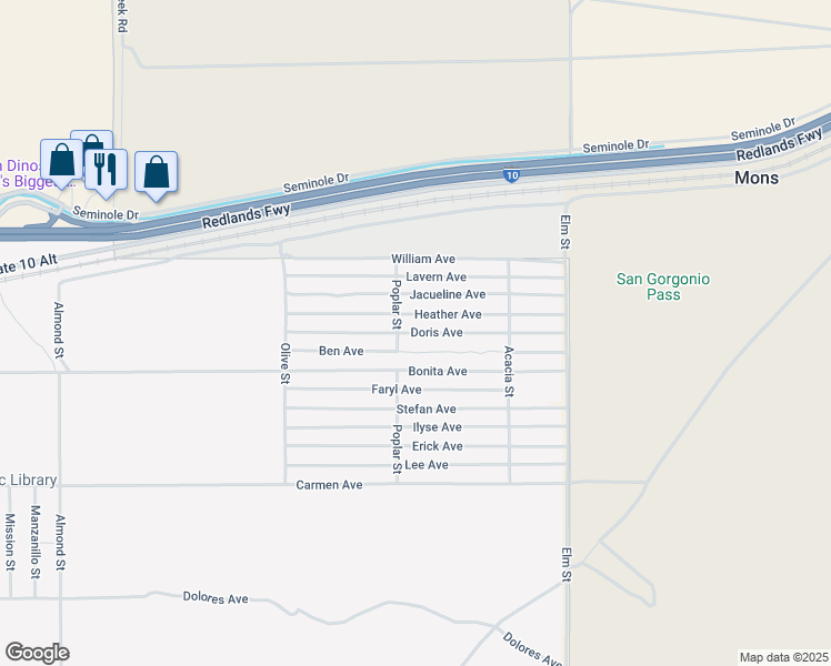 map of restaurants, bars, coffee shops, grocery stores, and more near Doris Avenue in Cabazon
