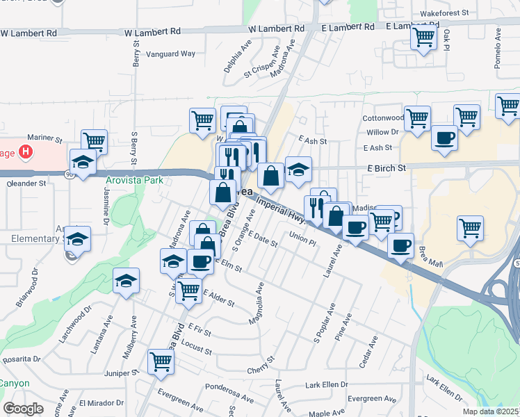map of restaurants, bars, coffee shops, grocery stores, and more near 310 South Orange Avenue in Brea