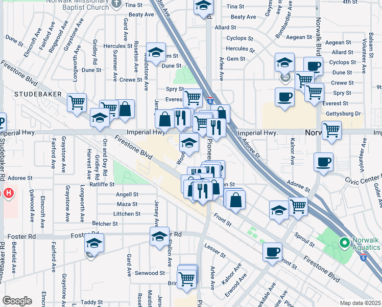 map of restaurants, bars, coffee shops, grocery stores, and more near 12700 Woods Avenue in Norwalk