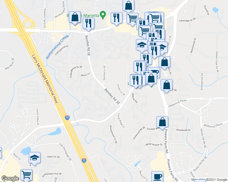 map of restaurants, bars, coffee shops, grocery stores, and more near 2775 Bentley Place Southeast in Marietta