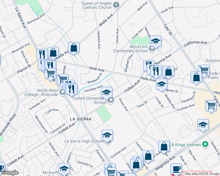 map of restaurants, bars, coffee shops, grocery stores, and more near 4377 Newby Drive in Riverside