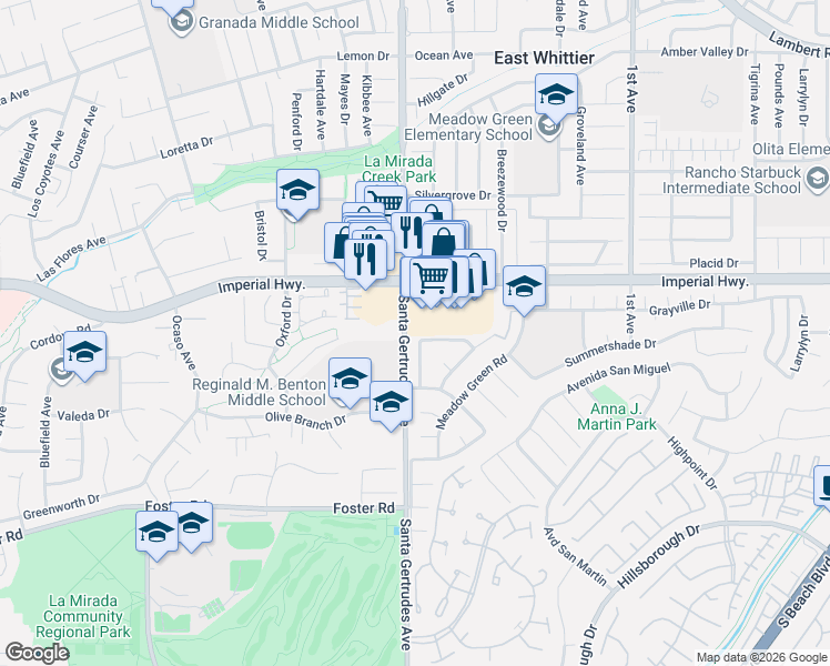 map of restaurants, bars, coffee shops, grocery stores, and more near 12811 Elmrock Avenue in La Mirada