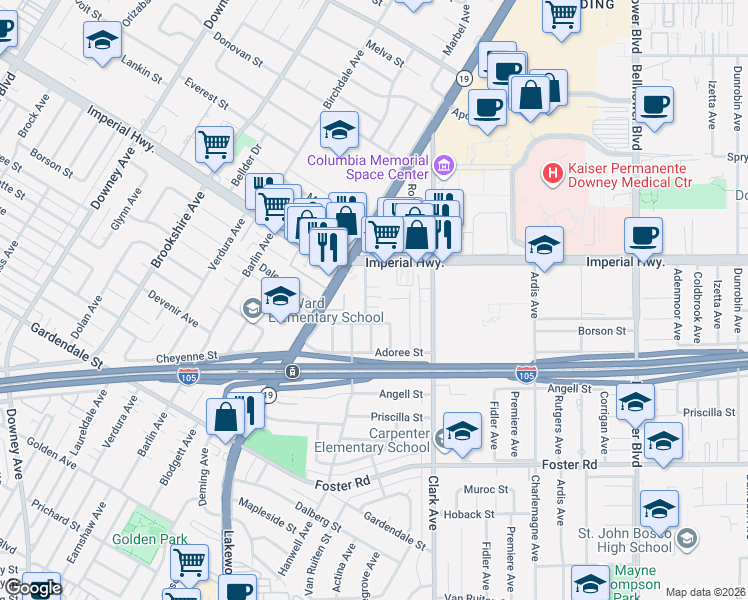 map of restaurants, bars, coffee shops, grocery stores, and more near 9103 Borson Street in Downey