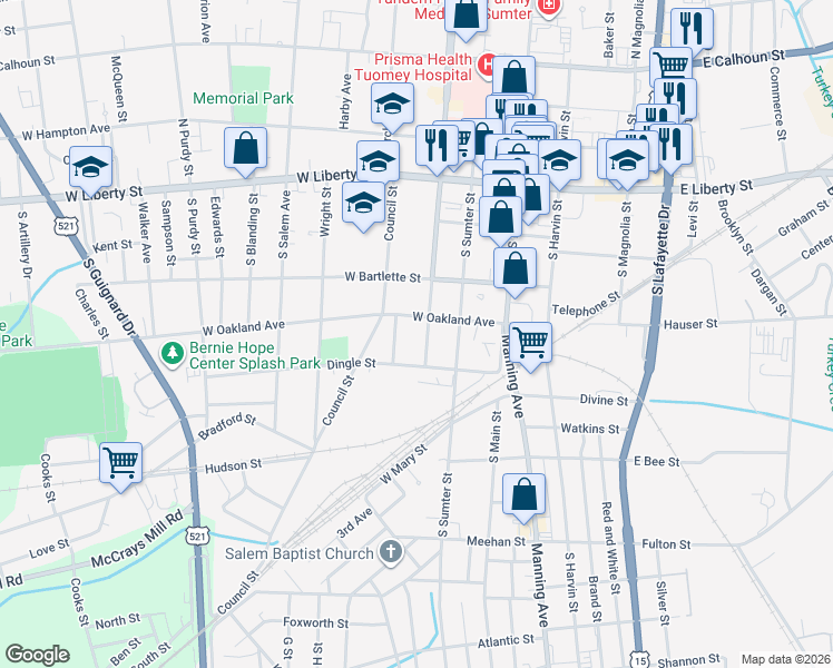 map of restaurants, bars, coffee shops, grocery stores, and more near 209 Dingle Street in Sumter