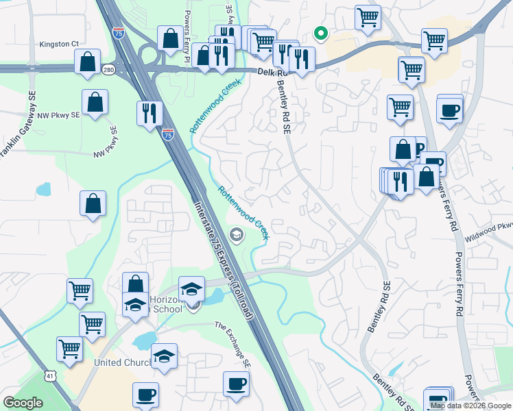 map of restaurants, bars, coffee shops, grocery stores, and more near 2732 Suwanee Way in Marietta