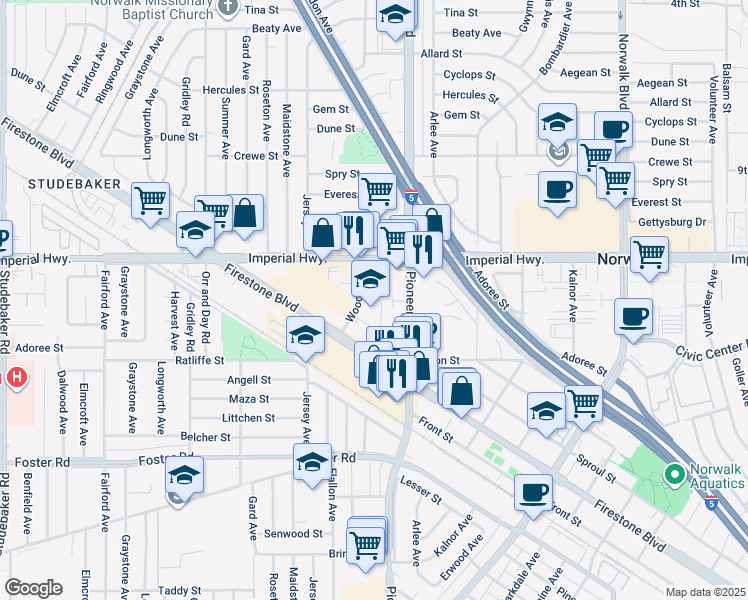 map of restaurants, bars, coffee shops, grocery stores, and more near 12700 Woods Avenue in Norwalk
