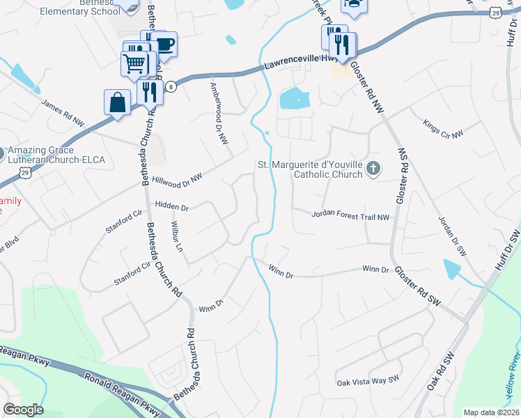map of restaurants, bars, coffee shops, grocery stores, and more near 132 Jousters Lane Northwest in Lawrenceville