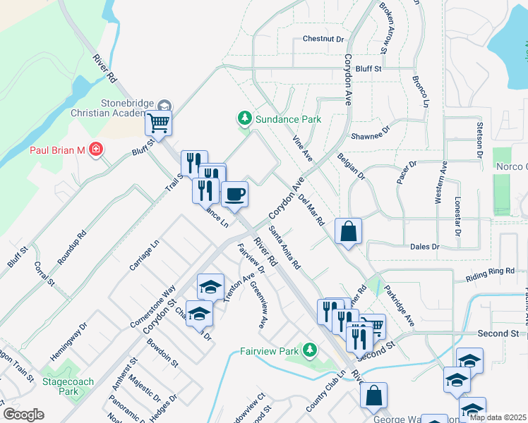 map of restaurants, bars, coffee shops, grocery stores, and more near 2354 Corydon Avenue in Norco
