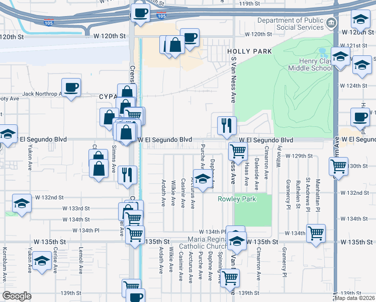 map of restaurants, bars, coffee shops, grocery stores, and more near 2611 West 129th Street in Gardena