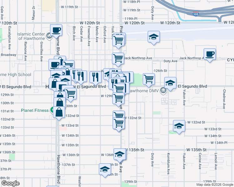 map of restaurants, bars, coffee shops, grocery stores, and more near 4011 West 129th Street in Hawthorne