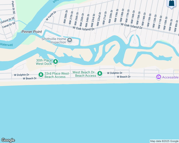 map of restaurants, bars, coffee shops, grocery stores, and more near 2354 West Beach Drive in Oak Island