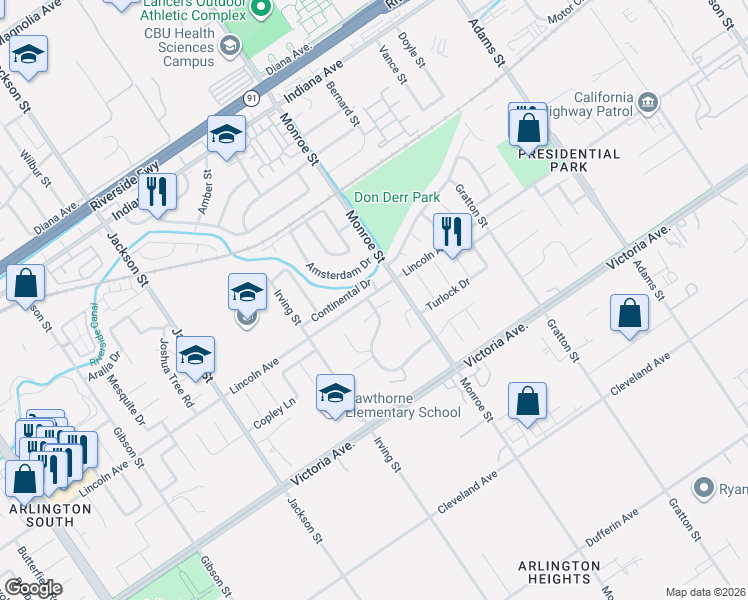 map of restaurants, bars, coffee shops, grocery stores, and more near 2714 Tropicana Drive in Riverside