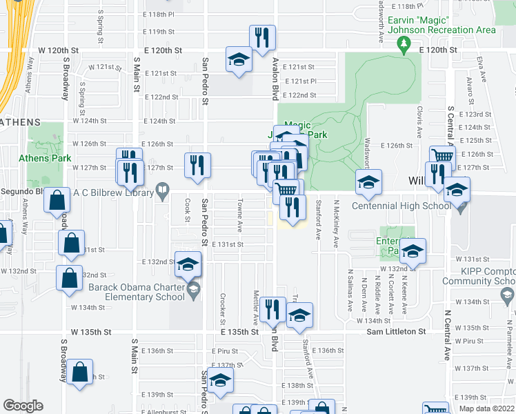 map of restaurants, bars, coffee shops, grocery stores, and more near 425 East 129th Street in Los Angeles