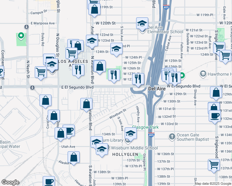 map of restaurants, bars, coffee shops, grocery stores, and more near in Hawthorne