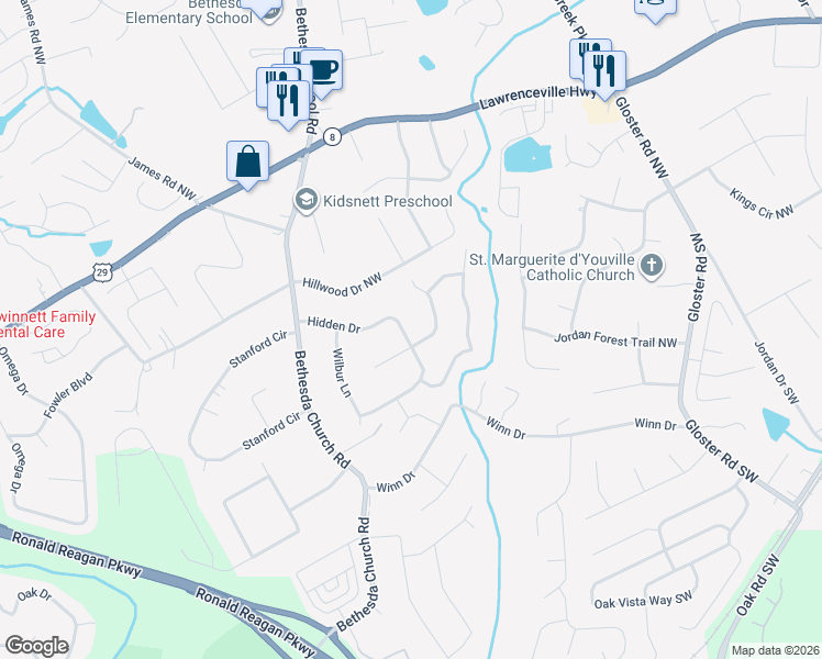 map of restaurants, bars, coffee shops, grocery stores, and more near 3043 Howell Court Northwest in Lawrenceville