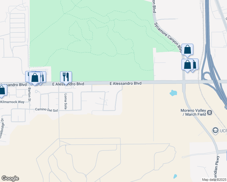 map of restaurants, bars, coffee shops, grocery stores, and more near 14055 Camino Del Oro in Riverside