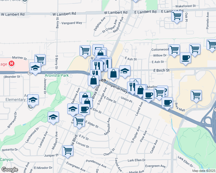 map of restaurants, bars, coffee shops, grocery stores, and more near 310 South Orange Avenue in Brea