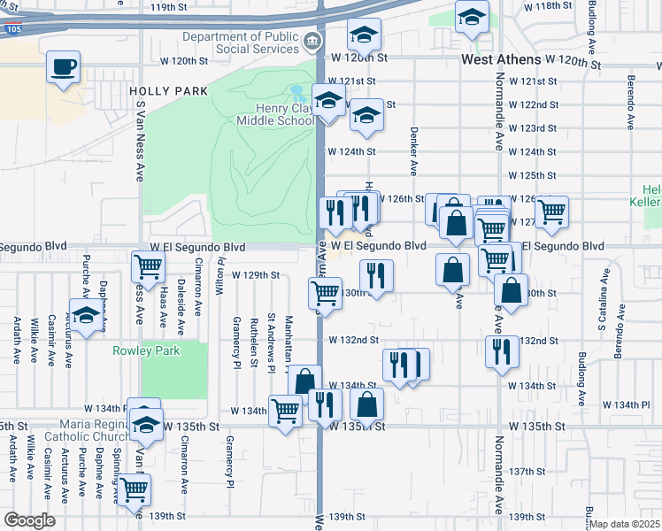 map of restaurants, bars, coffee shops, grocery stores, and more near 1735 West 130th Street in Gardena