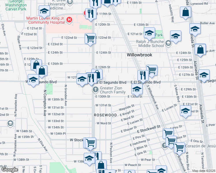 map of restaurants, bars, coffee shops, grocery stores, and more near 2010 East El Segundo Boulevard in Compton