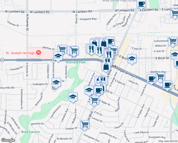 map of restaurants, bars, coffee shops, grocery stores, and more near 420 Sievers Avenue in Brea