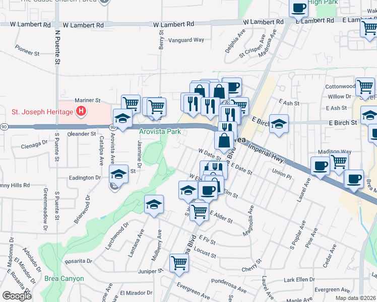 map of restaurants, bars, coffee shops, grocery stores, and more near 404 Sievers Avenue in Brea