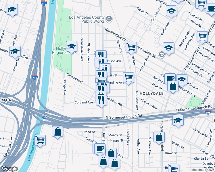 map of restaurants, bars, coffee shops, grocery stores, and more near 12300 Garfield Avenue in South Gate