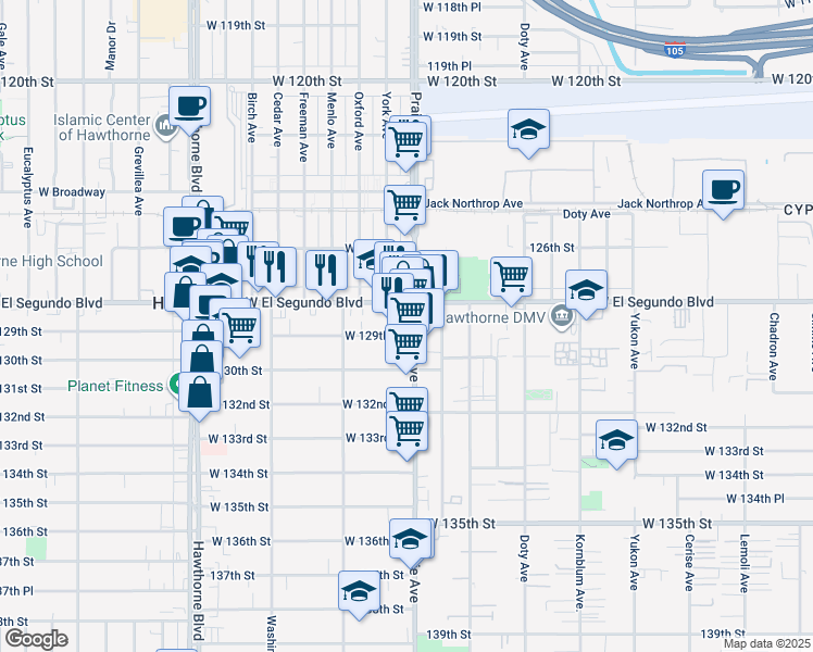 map of restaurants, bars, coffee shops, grocery stores, and more near 12921 Prairie Avenue in Hawthorne