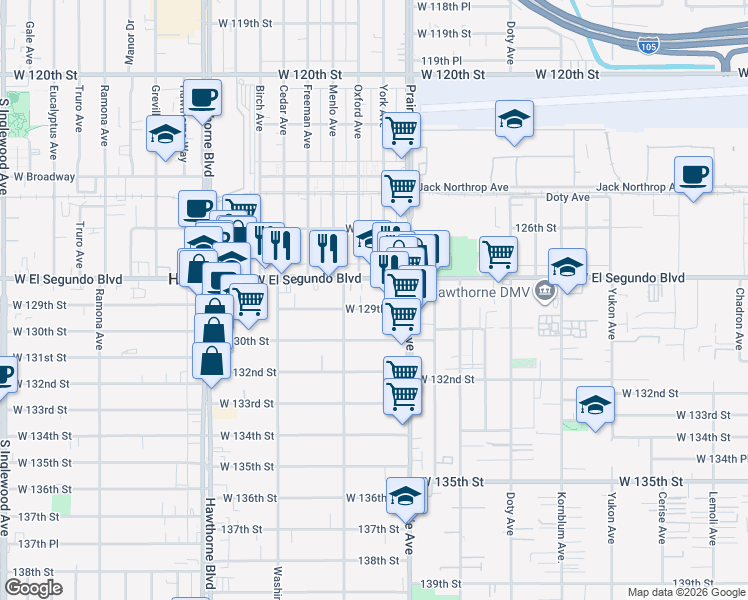 map of restaurants, bars, coffee shops, grocery stores, and more near 4055 West 129th Street in Hawthorne
