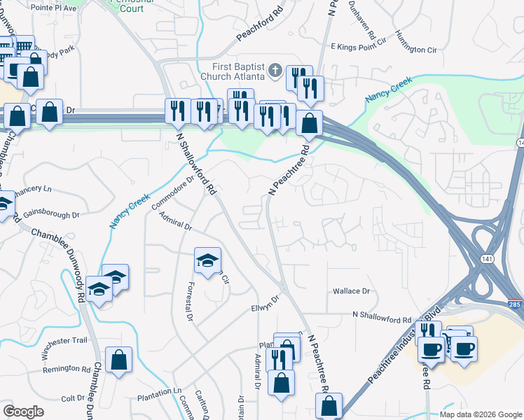 map of restaurants, bars, coffee shops, grocery stores, and more near Gentrys Walk in Atlanta