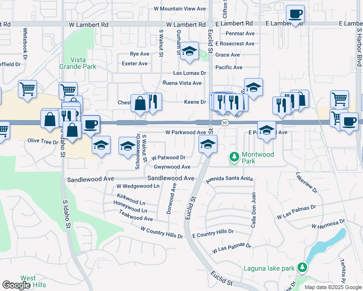 map of restaurants, bars, coffee shops, grocery stores, and more near 1301 Debwood Place in La Habra